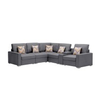 Lilola Home Nolan Gray Linen Fabric 6Pc Reversible Sectional Sofa With A Usb, Charging Ports, Cupholders, Storage Console Table And Pillows And Interchangeable Legs