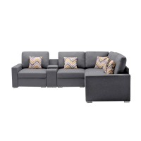 Lilola Home Nolan Gray Linen Fabric 6Pc Reversible Sectional Sofa With A Usb, Charging Ports, Cupholders, Storage Console Table And Pillows And Interchangeable Legs