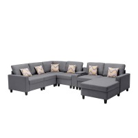 Lilola Home Nolan Gray Linen Fabric 7Pc Reversible Chaise Sectional Sofa With A Usb, Charging Ports, Cupholders, Storage Console Table And Pillows And Interchangeable Legs