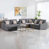 Lilola Home Nolan Gray Linen Fabric 7Pc Reversible Chaise Sectional Sofa With A Usb, Charging Ports, Cupholders, Storage Console Table And Pillows And Interchangeable Legs