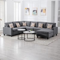Lilola Home Nolan Gray Linen Fabric 6Pc Reversible Chaise Sectional Sofa With Pillows And Interchangeable Legs