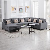 Lilola Home Nolan Gray Linen Fabric 6Pc Reversible Chaise Sectional Sofa With Pillows And Interchangeable Legs