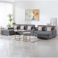 Lilola Home Nolan Gray Linen Fabric 6Pc Double Chaise Sectional Sofa With Interchangeable Legs, A Usb, Charging Ports, Cupholders, Storage Console Table And Pillows
