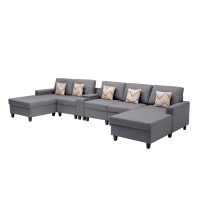 Lilola Home Nolan Gray Linen Fabric 6Pc Double Chaise Sectional Sofa With Interchangeable Legs, A Usb, Charging Ports, Cupholders, Storage Console Table And Pillows