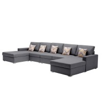 Lilola Home Nolan Gray Linen Fabric 5Pc Double Chaise Sectional Sofa With Pillows And Interchangeable Legs