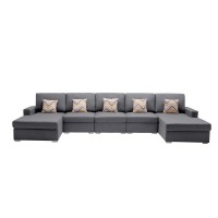 Lilola Home Nolan Gray Linen Fabric 5Pc Double Chaise Sectional Sofa With Pillows And Interchangeable Legs