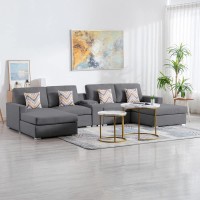 Lilola Home Nolan Gray Linen Fabric 5Pc Double Chaise Sectional Sofa With Interchangeable Legs, A Usb, Charging Ports, Cupholders, Storage Console Table And Pillows