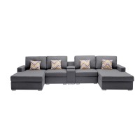 Lilola Home Nolan Gray Linen Fabric 5Pc Double Chaise Sectional Sofa With Interchangeable Legs, A Usb, Charging Ports, Cupholders, Storage Console Table And Pillows