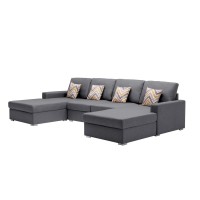 Lilola Home Nolan Gray Linen Fabric 4Pc Double Chaise Sectional Sofa With Pillows And Interchangeable Legs