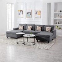 Lilola Home Nolan Gray Linen Fabric 4Pc Double Chaise Sectional Sofa With Pillows And Interchangeable Legs
