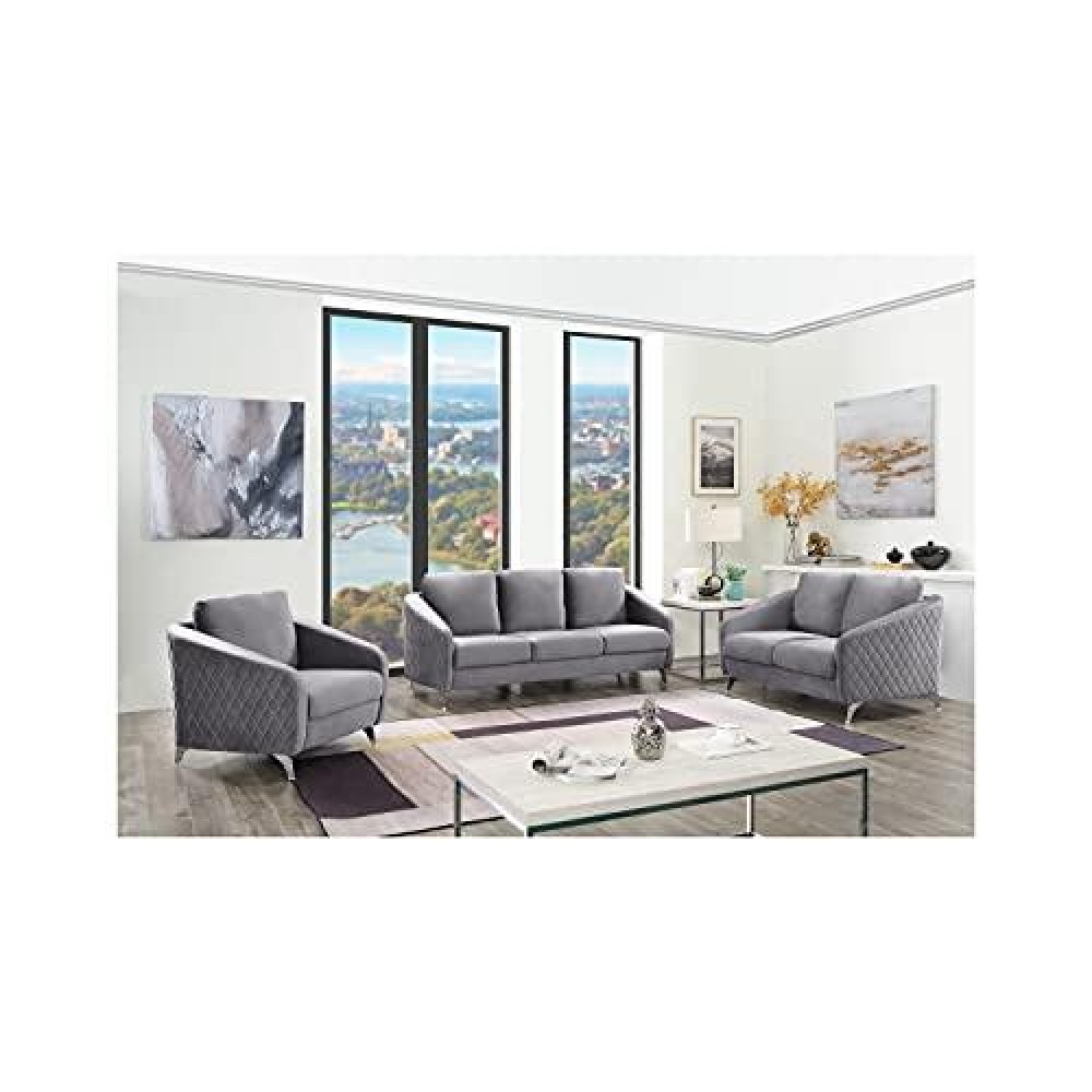 Sofia Gray Velvet Fabric Sofa Loveseat Chair Living Room Set