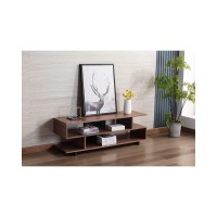 Lilola Home Iris Brown Walnut Finish Tv Stand With 2 Levels Of Shelves And Black Legs