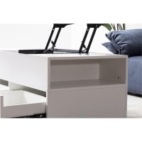 Lilola Home Luna White Coffee Table With Brown Walnut Finish Lift Top, 2 Drawers, And 2 Shelves