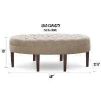 Madison Park Martin Oval Surfboard Tufted Cocktail Ottoman Soft Fabric, All Foam, Wood Frame Modern Coffee Table Living Room Lounge Furniture, Linen, 48W X 27.5D X 18H