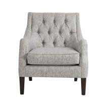 Madison Park Qwen Accent Chairs - Birch, Hardwood, Faux Linen Armchair, Modern Classic Style, Diamond Tufted Living Room Sofa Furniture, Bedside Lounger, Grey