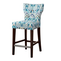 Madison Park Avila 38.25 Counter Height Barstool With Backrest Modern Solid Wood, Metal Kickplate Footrest, Upholstered Foam Seat, Linen Pub Chair, See Below, Blue Damask
