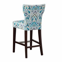 Madison Park Avila 38.25 Counter Height Barstool With Backrest Modern Solid Wood, Metal Kickplate Footrest, Upholstered Foam Seat, Linen Pub Chair, See Below, Blue Damask