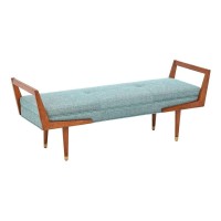 Ink+Ivy Boomerang Bedroom Bench - Solid Wood, Button Tufted Design, Mid-Century Modern Style Seating Accent Ottoman, Blue/Pecan