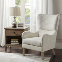 Madison Park Arianna Upholstered High Wingback Accent Chair With Solid Wood Legs And Rounded Arms, Pipped, Chic Transitional, Plaid Fabric Padded Cushion Seat Bedroom Lounge Comfy For Reading, Linen