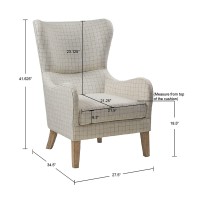 Madison Park Arianna Upholstered High Wingback Accent Chair With Solid Wood Legs And Rounded Arms, Pipped, Chic Transitional, Plaid Fabric Padded Cushion Seat Bedroom Lounge Comfy For Reading, Linen