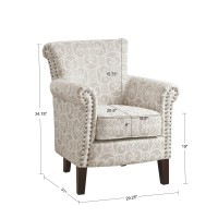 Madison Park Brooke Upholstered Accent Chair With Solid Wood Legs And Rolled Arms, Nailhead Trim, Tight Back, Fretwork Print, Chic Padded Cushion Seat Bedroom Lounge Comfy For Reading, Natural