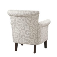 Madison Park Brooke Upholstered Accent Chair With Solid Wood Legs And Rolled Arms, Nailhead Trim, Tight Back, Fretwork Print, Chic Padded Cushion Seat Bedroom Lounge Comfy For Reading, Natural