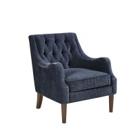 Madison Park Qwen Upholstered Accent Chair With Solid Wood Legs, Button Tufted, Round Arms, Removable Seat Cushion, Transtional, Pipped Padded Cushion Seat Bedroom Lounge Comfy For Reading, Navy