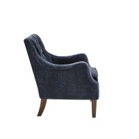 Madison Park Qwen Upholstered Accent Chair With Solid Wood Legs, Button Tufted, Round Arms, Removable Seat Cushion, Transtional, Pipped Padded Cushion Seat Bedroom Lounge Comfy For Reading, Navy