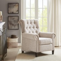 Madison Park Aidan Recliner Chair - Solid Wood, Plywood, Roled Back Button Tufted Accent Armchair Modern Classic Style Family Room Sofa Furniture, Cream