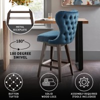 Madison Park Hancock Swivel Bar Stools Counter Height - Winged Back, Upholstered Button Tufted, Nailhead, Dining Room Island Chair, Solid Wood, Kickplate Footrest, Kitchen Furniture, 42 H, Dark Blue