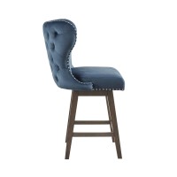 Madison Park Hancock Swivel Bar Stools Counter Height - Winged Back, Upholstered Button Tufted, Nailhead, Dining Room Island Chair, Solid Wood, Kickplate Footrest, Kitchen Furniture, 42 H, Dark Blue