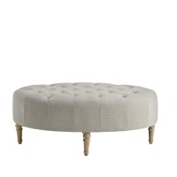 Martha Stewart Clara Coffee Table - Solid Wood Frame, Soft Fabric, Button Tufted, Oval Large Accent Ottoman - Modern Foam Padded Top Footstool Cocktail Living Room Furniture, 48X26.75X18.75, Linen