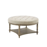 Martha Stewart Cedric Cocktail Ottoman-Round Button Tufted, Upholstered Coffee Table With Shelf For Living Room Foam Padded Footrest, Reclaimed Finished Solid Wood Legs, 36 X 19, Cream