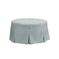 Martha Stewart Terri Upholstered Round Ottoman, Button Tufted Cocktail Footrest Chair With Pleated Skirt, Textured Circle Accent Furniture For Bedroom Dcor, 32 Dia. X 18 H, Blue