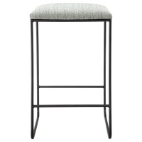 Martha Stewart Hastings Upholstered Counter Stools, Seat Height Kitchen Chair, Metal Footrest Bar, Faux Linen, Backless, Simple Modern Contemporary Dining Room Accent Furniture, Grey/Black