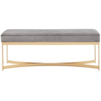 Martha Stewart Secor Accent Bench-Metal Base, Solid Wood Frame, Fabric Upholstered Seat Living Room Furniture Modern Luxe Design Chaise Bedroom Lounge, 48 X 16 X 18, Grey