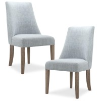 Martha Stewart Winfield Upholstered High Back Accent Dining Chairs Set Of 2, Padded Seat, Solid Wood Legs, Chambray Jacquard Textured Fabric, Cottage, Farmhouse For Kitchen, Room, Light Blue