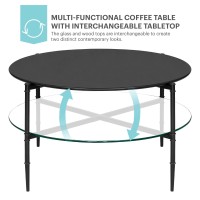 Martha Stewart Caroline Round Coffee Table With Open Storage Shelf, Interchangable Wood Or Tempered Glass Top, Metal Frame, Circular Modern Sofa Side Accent Furniture For Living Room Decor - Black