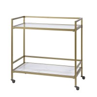 Martha Stewart Lionel Bar Cart For Home - Metal Base, Two Tiers Glass And Ceramic Shelves, Luxe Rolling Beverage Mini Serving Station On Wheels Living Room Dcor 34 Wide, Antique Gold
