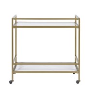 Martha Stewart Lionel Bar Cart For Home - Metal Base, Two Tiers Glass And Ceramic Shelves, Luxe Rolling Beverage Mini Serving Station On Wheels Living Room Dcor 34 Wide, Antique Gold