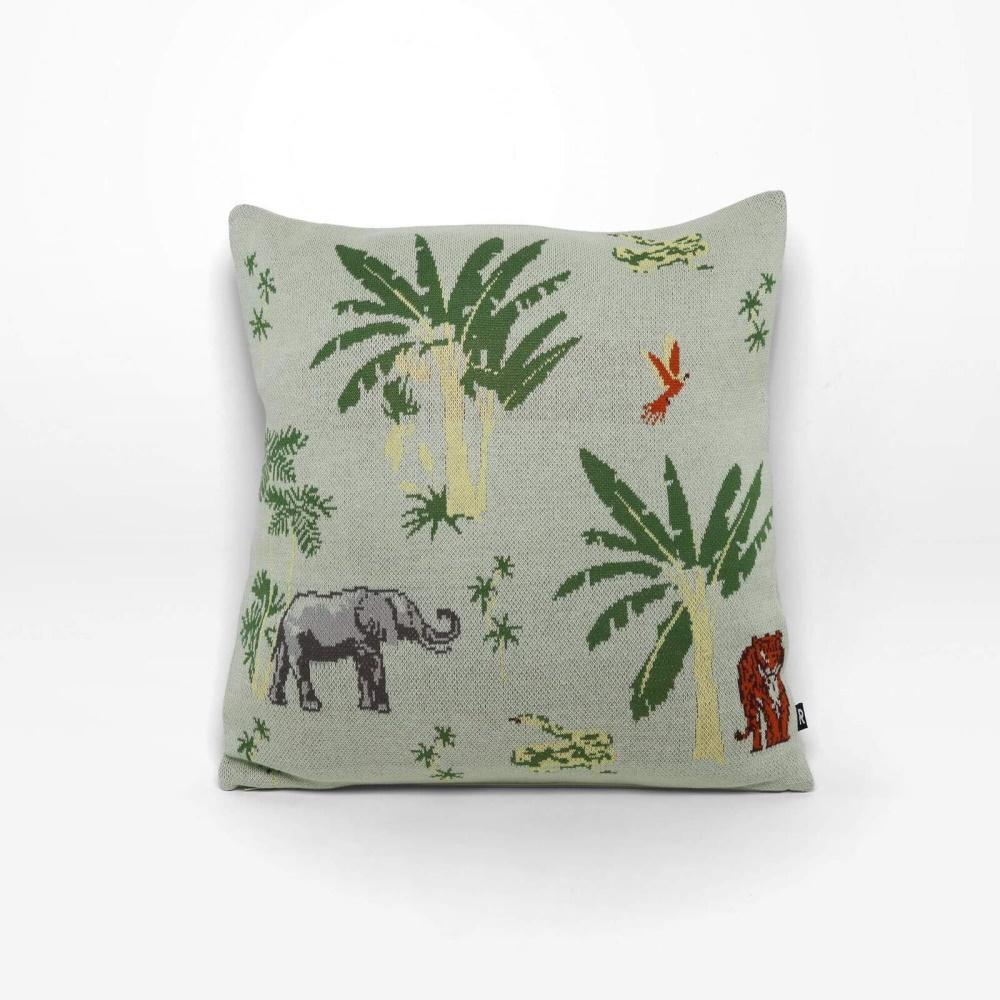 Enchanting Jungle Adventure Kids Cushion - Wild Animals & Palm Trees - 100% Cotton - Zip Opening - 45x45cm - Sage Green