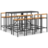 Vidaxl 9 Piece Patio Bar Set Black Poly Rattan& Solid Wood Acacia