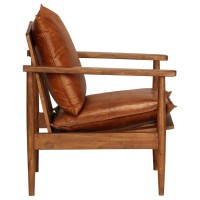 vidaXL Armchair Brown Real Leather with Acacia Wood