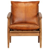 vidaXL Armchair Brown Real Leather with Acacia Wood