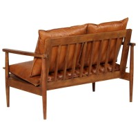 vidaXL 2-Seater Sofa Real Leather with Acacia Wood Brown