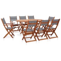 vidaXL 9 Piece Patio Dining Set Gray Solid Wood Eucalyptus and Textilene