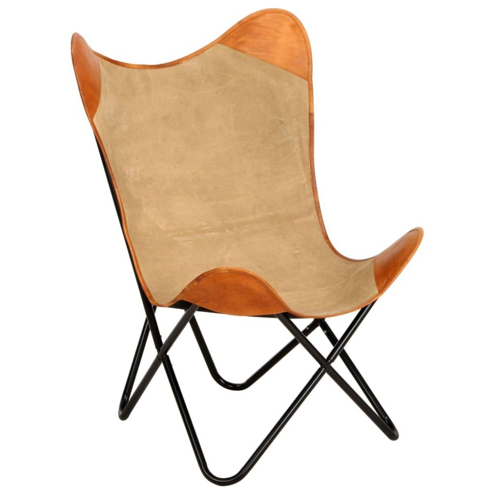 vidaXL Butterfly Chair Brown Real Leather and Canvas