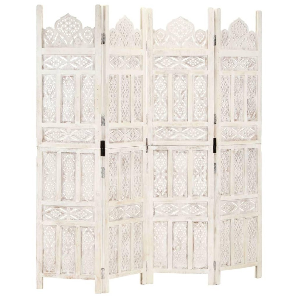 Vidaxl Hand Carved 4-Panel Room Divider White 63X65 Solid Mango Wood
