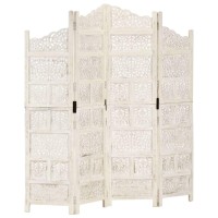 Vidaxl Hand Carved 4-Panel Room Divider White 63X65 Solid Mango Wood