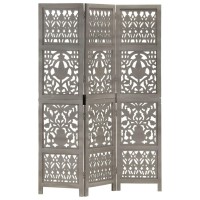 Vidaxl Hand Carved 3-Panel Room Divider Gray 47.2X65 Solid Mango Wood